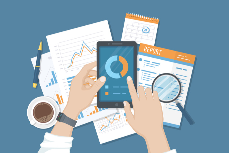 Hands of person working on statistical report